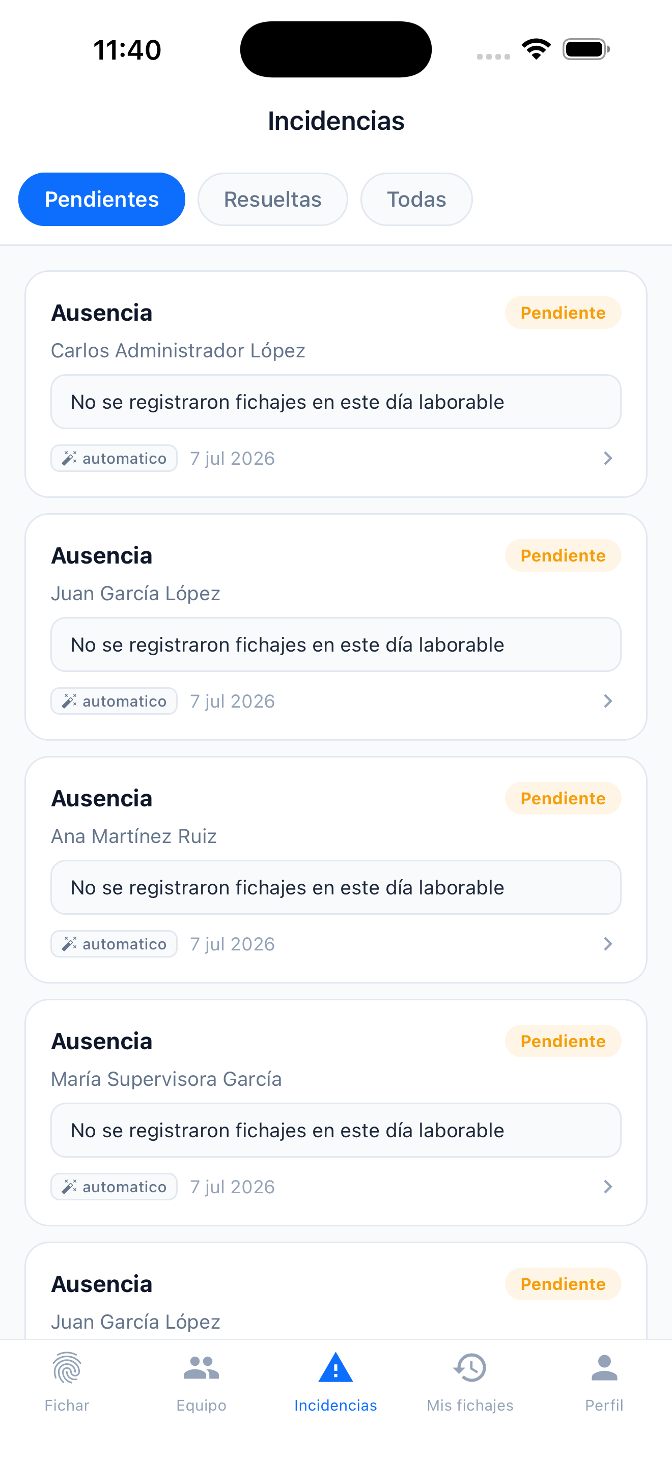 Pantalla de incidencias