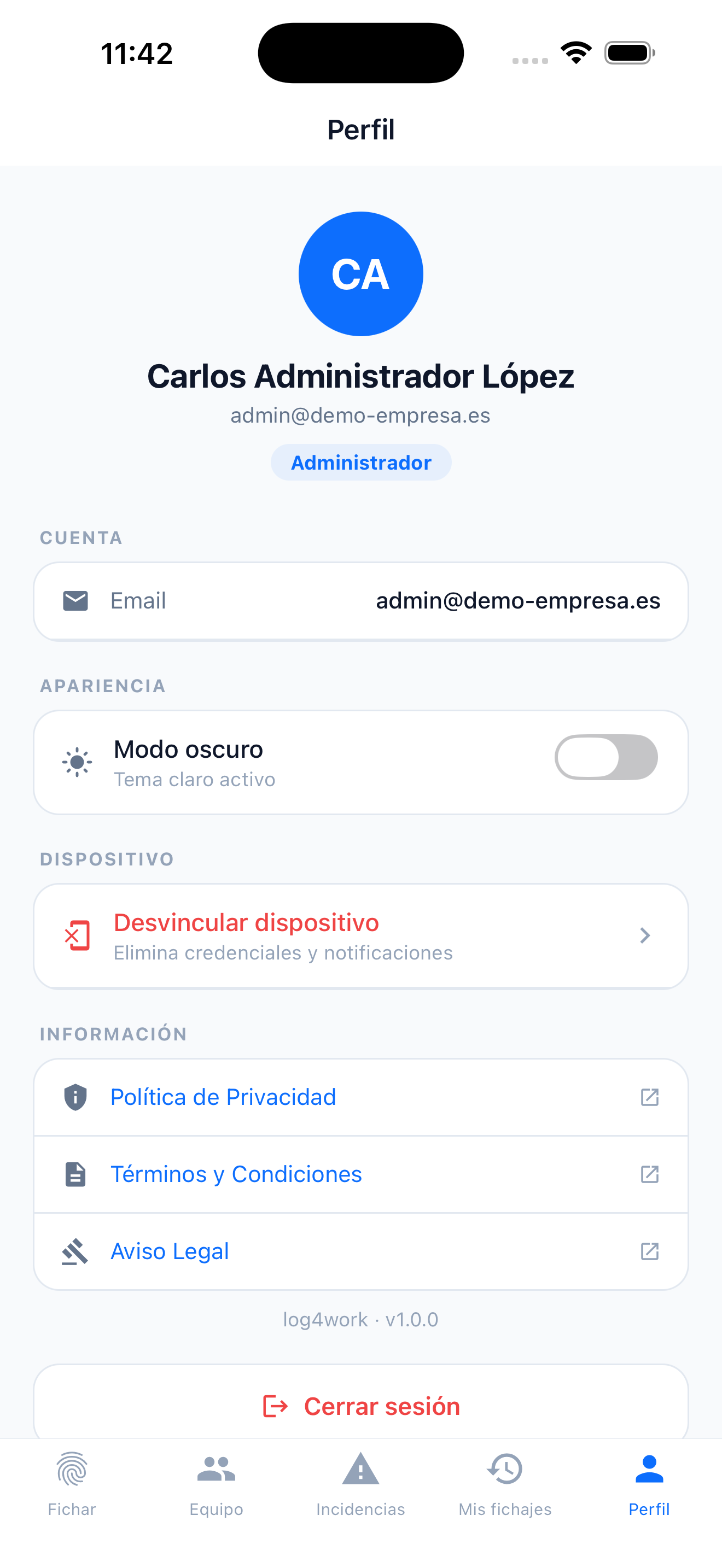 Pantalla de perfil